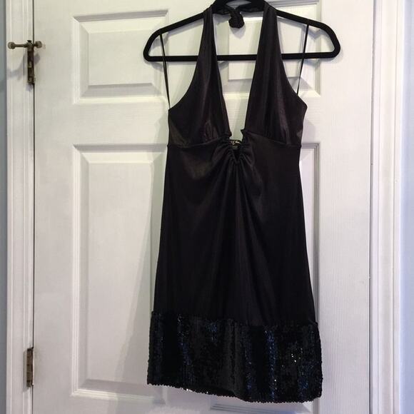 GUESS Jeans Deep V Halter Dress Size Large Black SEXY Pluge mini - Picture 2 of 7